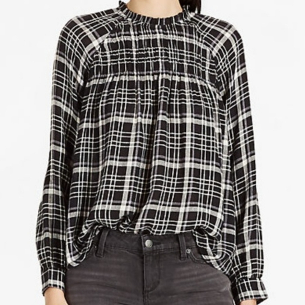 Lucky Brand Smocked High Neck Plaid Top